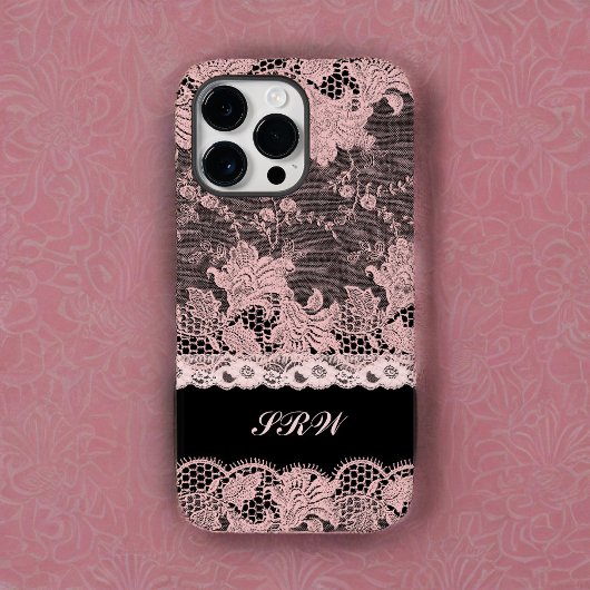 Feminine Roze kant Randen op zwart met Initialen Case-Mate iPhone Case