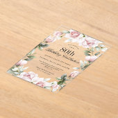 Feminine roze rozen 80e verjaardag acryl uitnodigingen (Laagn)