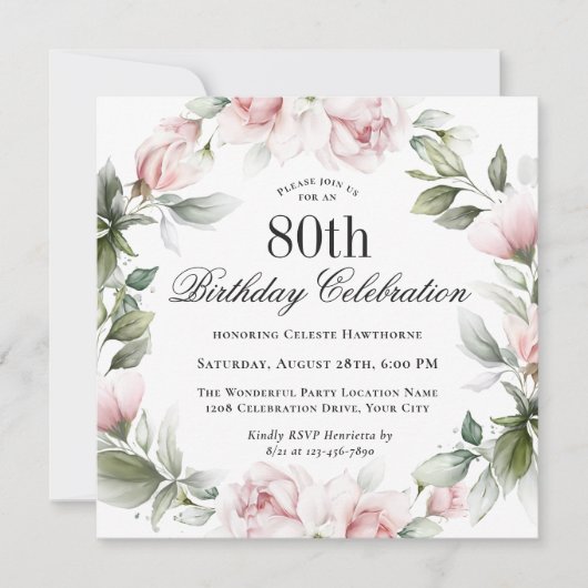 Feminine roze rozen 80e verjaardag kaart (Voorkant)
