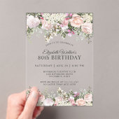 Feminine roze rozen Floral 80th Birthday Party Acryl Uitnodigingen (Insitu (Draagbaar))