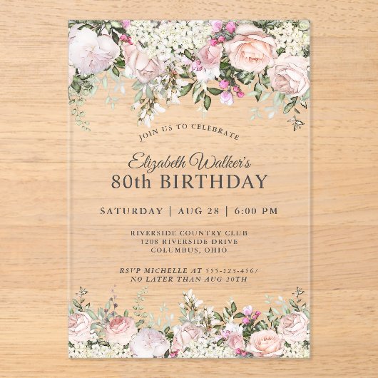 Feminine roze rozen Floral 80th Birthday Party Acryl Uitnodigingen (Voorkant)