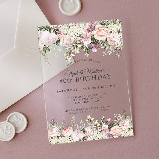 Feminine roze rozen Floral 80th Birthday Party Acryl Uitnodigingen