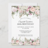 Feminine roze rozen Floral 80th Birthday Party Kaart (Voorkant)