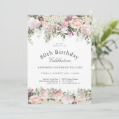 Feminine roze rozen Floral 80th Birthday Party Kaart (Staand voorkant)