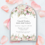 Feminine roze rozen Floral 80th Birthday Party Kaart<br><div class="desc">Een prachtig vrouwelijke boogvormige feestuitnodiging om een 80e verjaardag in elegante stijl te vieren,  dit onweerstaanbare bloemige ontwerp wordt begrensd door charmante roze rozen,  gemengde bloemen en slepend groen Alle tekst kan worden gepersonaliseerd voor uw feest,  inclusief de leeftijd van de eregast.</div>