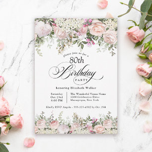 Feminine roze rozen Floral 80th Birthday Party Kaart
