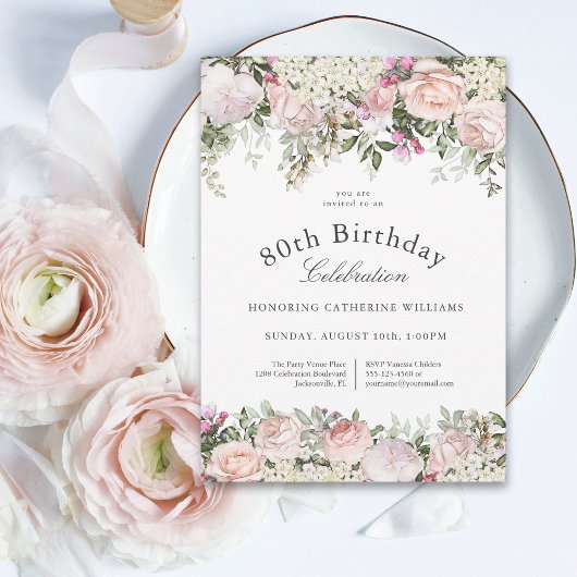 Feminine roze rozen Floral 80th Birthday Party Kaart