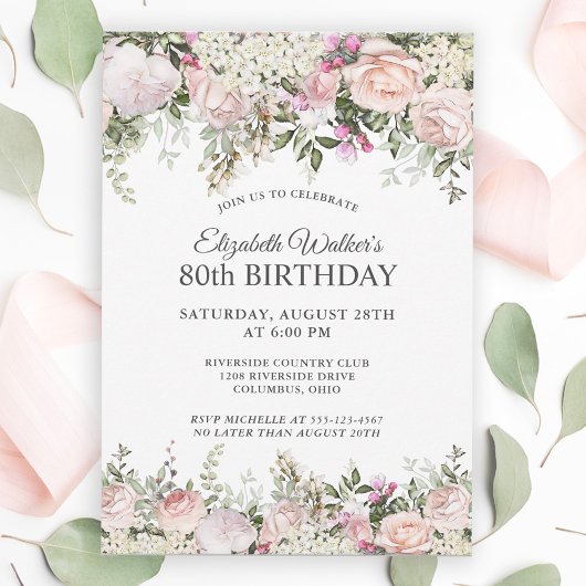 Feminine roze rozen Floral 80th Birthday Party Kaart