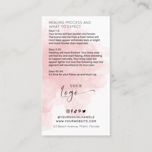Feminine roze Waterverf Powder Brows Aftercare Visitekaartje (Achterkant)