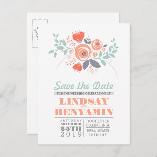 Feminine schattige bloem bespaart de datum briefka aankondigingskaart (Voorkant / Achterkant)