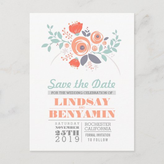 Feminine schattige bloem bespaart de datum briefka aankondigingskaart (Voorkant)