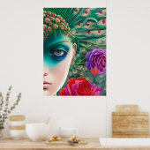 Feminine schoonheid Blauwgroen veren hoofdadres Poster (Keuken)