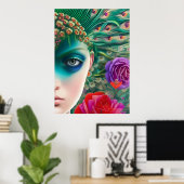 Feminine schoonheid Blauwgroen veren hoofdadres Poster (Thuiskantoor)