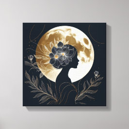 Feminine Silhouette with Golden Moon Elegance Canvas Afdruk
