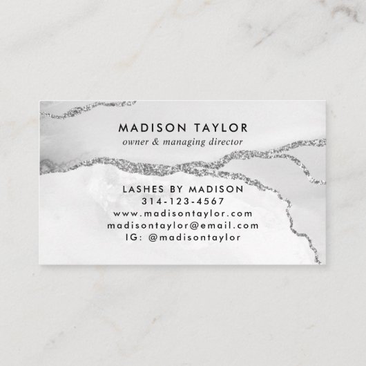 Feminine Silver Gray Glitter Marble Agate Monogram Visitekaartje (Achterkant)