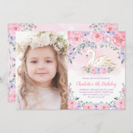 Feminine Swan Princess Pink Paarse Flower Birthday Kaart