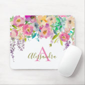 Feminine Trendy Waterverf Flowers Monogram Muismat (Met muis)