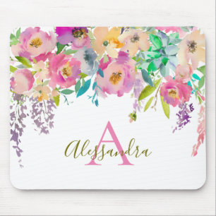 Feminine Trendy Waterverf Flowers Monogram Muismat