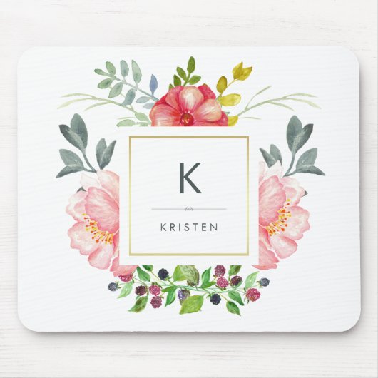 Feminine Trendy Waterverf Peony Flowers Monogram Muismat (Voorkant)