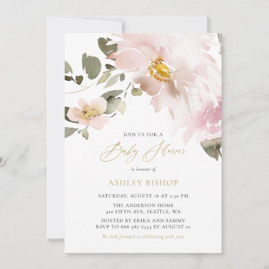 Feminine Waterverf Blush Flowers Baby shower Kaart (Voorkant)