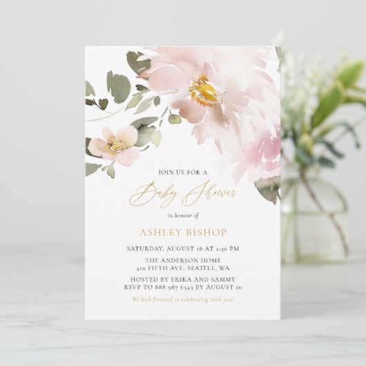 Feminine Waterverf Blush Flowers Baby shower Kaart (Staand voorkant)