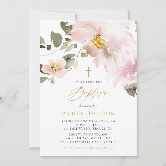 Feminine Waterverf Blush Flowers Girl Baptisme Kaart (Voorkant)