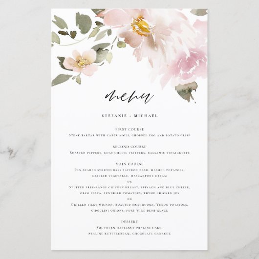 Feminine Waterverf Blush Flowers Menu Kaart (Voorkant)