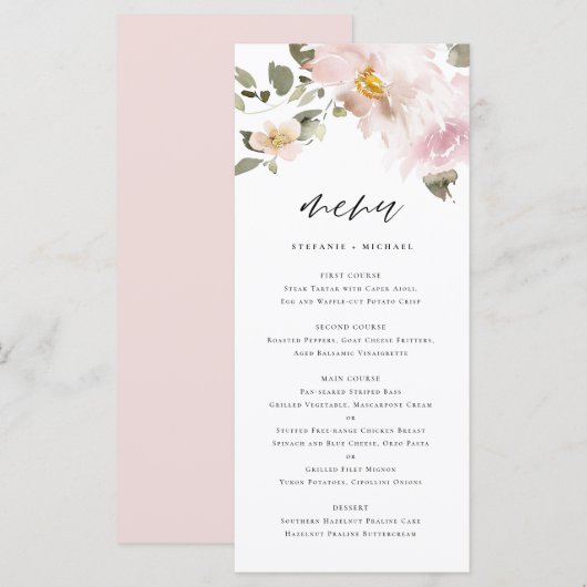 Feminine Waterverf Blush Flowers Weddenschap Menu (Voorkant / Achterkant)
