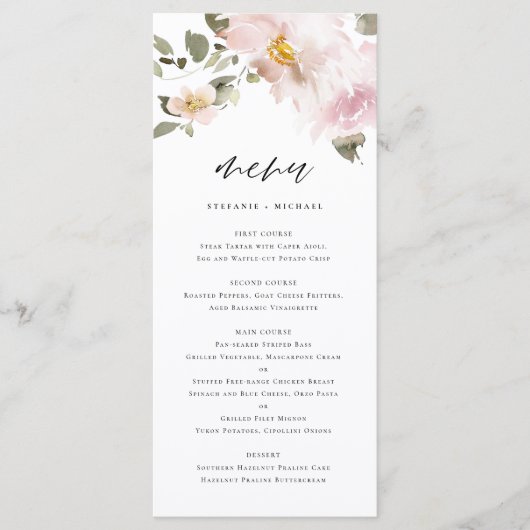 Feminine Waterverf Blush Flowers Weddenschap Menu (Voorkant)