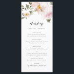 Feminine Waterverf Blush Flowers Weddenschap Menu<br><div class="desc">Voeg een elegant floreel accent toe aan uw gebeurtenissenkafel met deze aanpasbare floremenmenukaart. Het bevat een waterverf bloemenvet van wazige roze bloemen en groen. Pas deze waterverf bloemmenukaart aan door uw eigen gegevens toe te voegen. Deze zwarte roze menukaart is perfect voor lente- en winterbruiloften, vrijgezellenfeesten, baby showers en nog...</div>