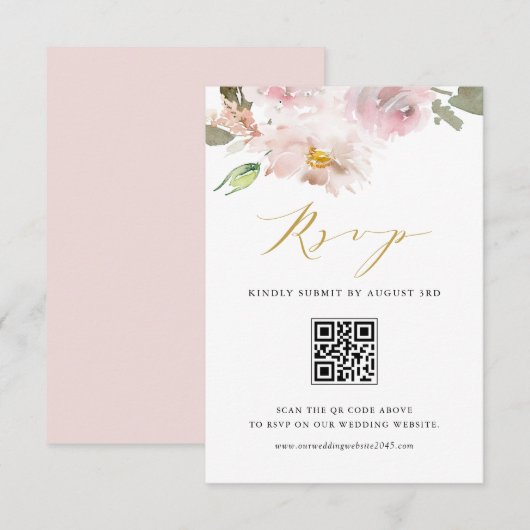 Feminine Waterverf Blush Flowers Weddenschap QR Co RSVP Kaartje (Voorkant / Achterkant)