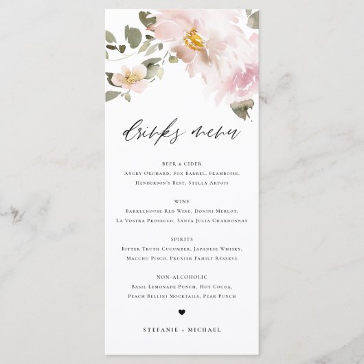 Feminine Waterverf Blush Flowers Wedding Drinken Menu (Voorkant)