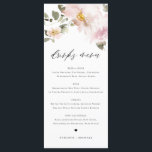 Feminine Waterverf Blush Flowers Wedding Drinken Menu<br><div class="desc">Voeg een elegant floral accent toe aan uw gebeurtenissenkapje met deze aanpasbare florale drinken menukaart. Het bevat een waterverf bloemenvet van wazige roze bloemen en groen. Pas deze waterverf bloemmenukaart aan door uw eigen gegevens toe te voegen. Deze blauwe roze bar menukaart is perfect voor lente en winterbruiloften, vrijgezellenfeesten, baby...</div>