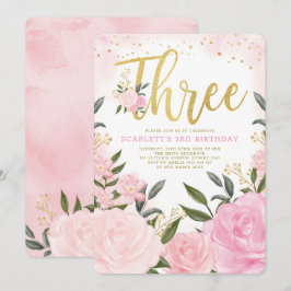 Feminine Waterverf Blush Pink Floral 3rd Birthday Kaart