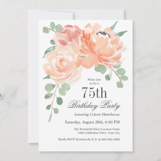 Feminine Waterverf Floral 75e verjaardag Kaart (Voorkant)