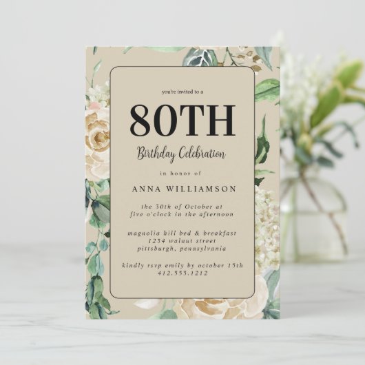 Feminine Waterverf Floral 80th Birthday Party Kaart (Staand voorkant)