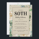 Feminine Waterverf Floral 80th Birthday Party Kaart<br><div class="desc">Vrouwelijke Waterverf Floral 80th Birthday Party Invitation met prachtige neutrale rozen met groen.</div>