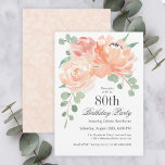 Feminine Waterverf Floral 80th Birthday Party Kaart<br><div class="desc">Deze mooie uitnodiging voor een bloemetjesfeest is geweldig vrouwelijk en stijlvol en is bedoeld om de 80ste verjaardag van een vrouw te vieren. Het is voorzien van een hoekbouquet van perzik en roze rozen en van eucalyptusgrienery in zachte waterverf tinten. Al tekst kan met uw tekst van de douanegroep, met...</div>