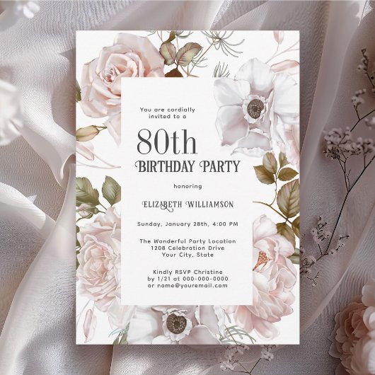 Feminine Waterverf Floral 80th Birthday Party Kaart