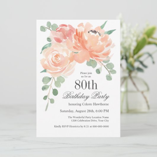 Feminine Waterverf Floral 80th Birthday Party Kaart (Staand voorkant)