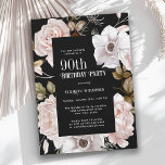 Feminine Waterverf Floral 90th Birthday Party Kaart<br><div class="desc">Een elegante bloemenuitnodiging voor het 90e verjaardagsfeestje, dit ontwerp heeft een zwarte achtergrond die prachtig contrasteert met de winterijsroze rozen die de tekst omlijsten. Alle tekst kan worden gepersonaliseerd met uw aangepaste partijtekst, inclusief de leeftijd. Sjabloon U kunt deze uitnodigingsbrief ook voor andere leeftijden gebruiken door het nummer 90 aan...</div>