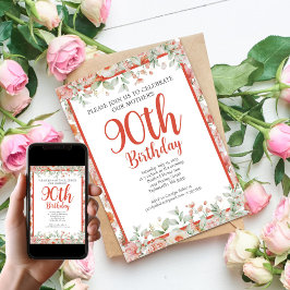 Feminine Waterverf Floral 90th Birthday Party Kaart