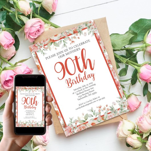 Feminine Waterverf Floral 90th Birthday Party Kaart