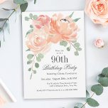 Feminine Waterverf Floral 90th Birthday Party Kaart<br><div class="desc">Deze uitnodiging is een mooie uitnodiging voor een bloemetjesverjaardagsfeest om de 90ste verjaardag van een vrouw te vieren. Deze uitnodiging bevat een hoeksteen van perzik en roze rozen en houdt eucalyptusgrienery vast in zachte waterverf tinten. Al tekst kan met uw tekst van de douanegroep, met inbegrip van de leeftijd worden...</div>