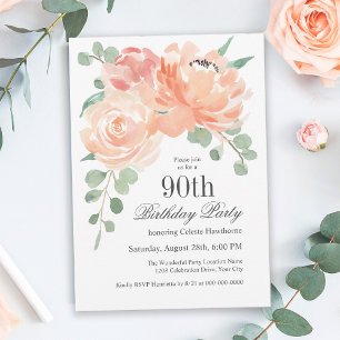 Feminine Waterverf Floral 90th Birthday Party Kaart