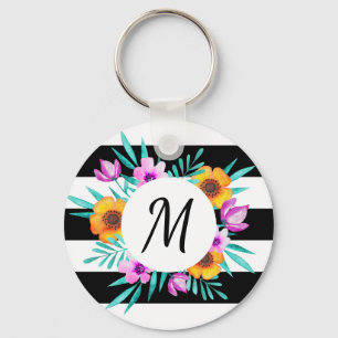 Feminine Waterverf Flowers Custom Monogram Sleutelhanger