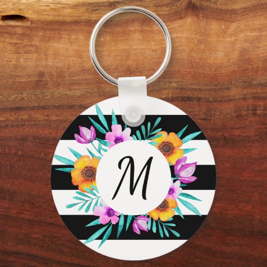 Feminine Waterverf Flowers Custom Monogram Sleutelhanger (Voorkant)