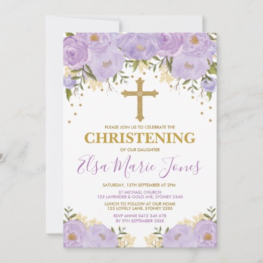 Feminine Waterverf Purple Flowers Christening Kaart (Voorkant)