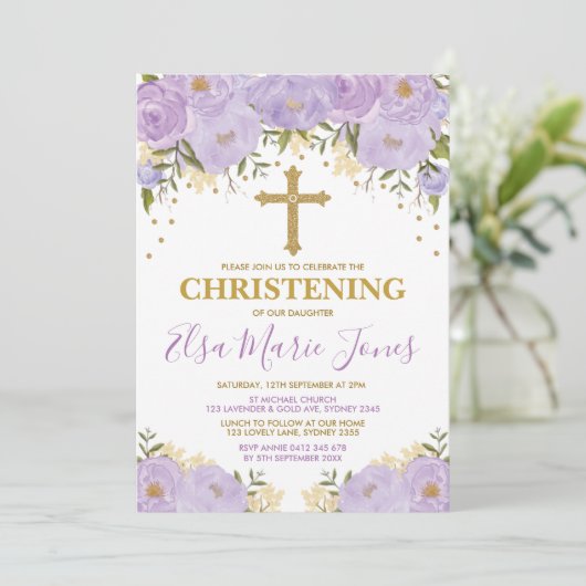 Feminine Waterverf Purple Flowers Christening Kaart (Staand voorkant)