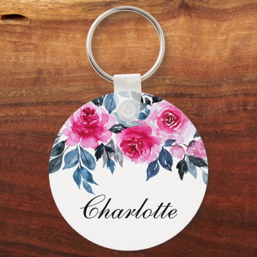 Feminine Waterverf roze rozen, gepersonaliseerd Sleutelhanger (Voorkant)